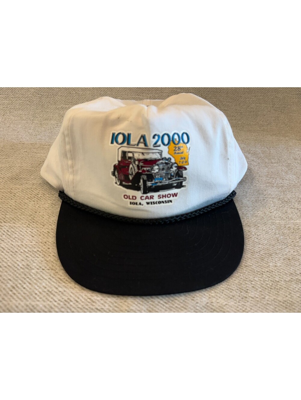 Vintage 2000 Iola Old Car Show Wisconsin Rope Hat Snapback White Black Nissun VT